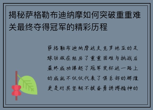 揭秘萨格勒布迪纳摩如何突破重重难关最终夺得冠军的精彩历程