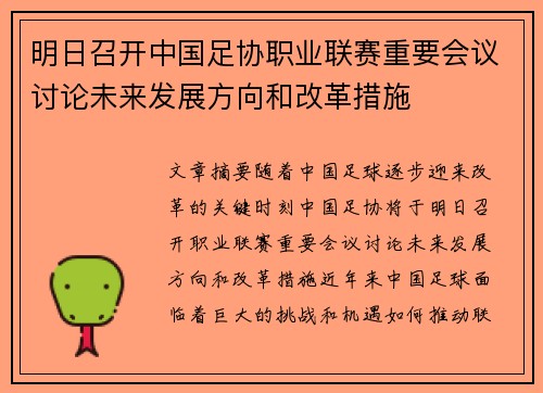 明日召开中国足协职业联赛重要会议讨论未来发展方向和改革措施