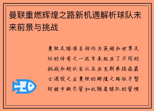 曼联重燃辉煌之路新机遇解析球队未来前景与挑战